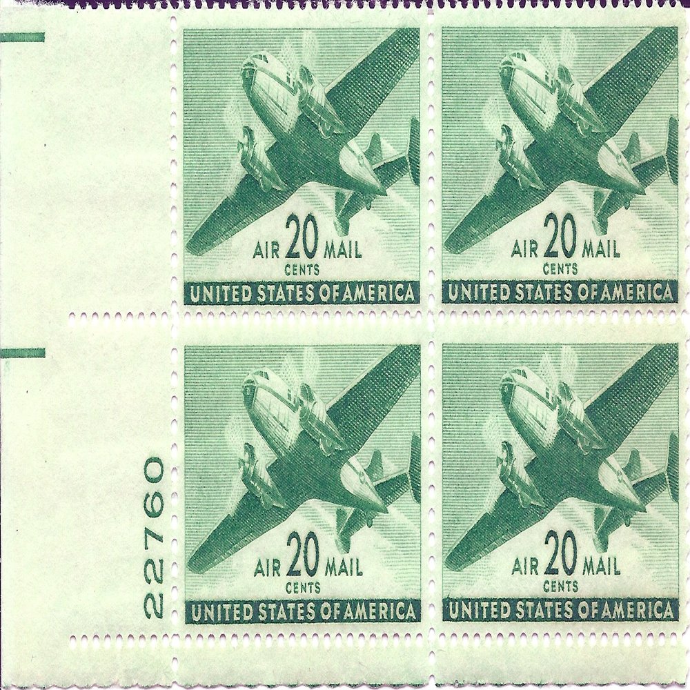 1941 US Air Mail Postage Stamp 20 Cent Plate Block MNH Scott #C29