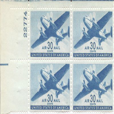 1941 US Air Mail Postage Stamp 30 Cent Plate Block MNH Scott #C30