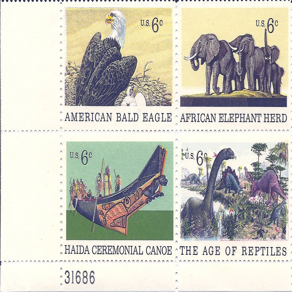 1970 Age Of Reptiles 6 Cent US Postage Stamp Extra Large Plate Block MNH Scott #1387-1390