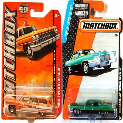 1963 Cadillac Ambulance Matchbox & 1969 Cadillac Sedan Deville Adventure Car Retro Style set MBX Heroic Emergency Response Team
