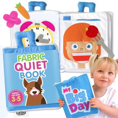 Curious Columbus Quiet Book Large Fabric Activity Book, Montessori Learning Toy, 10 Engaging Pages for Quiet Play, Perfect for at Home Learning, Airplane Activities and Road Trips.
