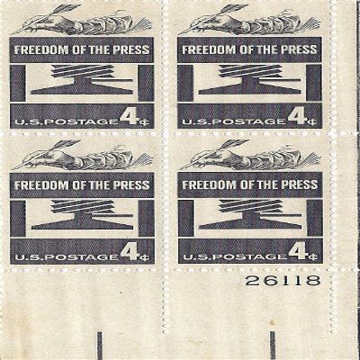 1958 Freedom Of The Press 4 Cent US Postage Stamp Plate Block MNH Scott #1119