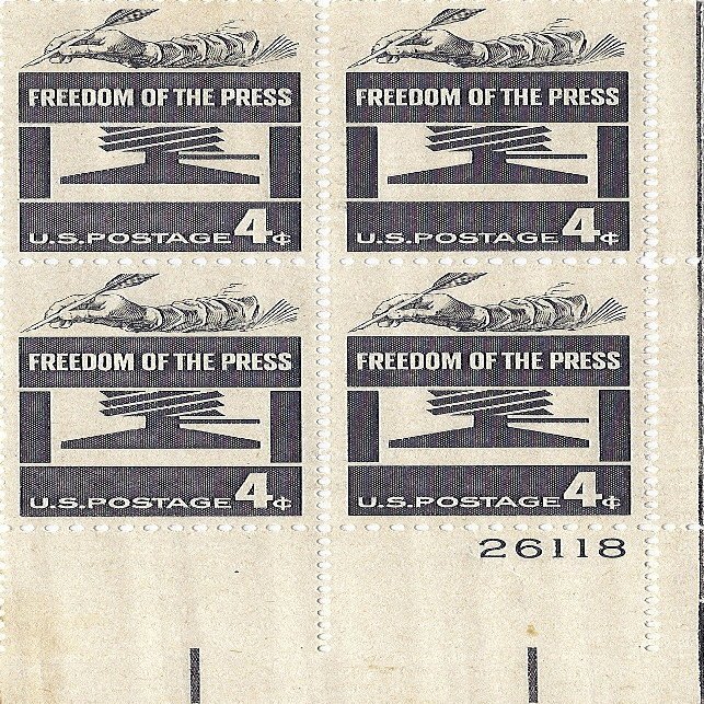 1958 Freedom Of The Press 4 Cent US Postage Stamp Plate Block MNH Scott #1119