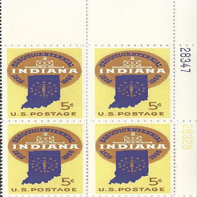 1966 Indiana US Postage Stamp 5 Cent Plate Block MNH Scott #1308
