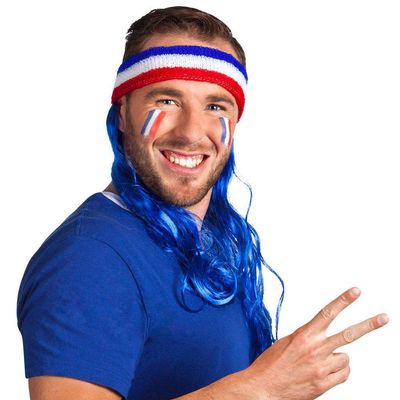 Boland 62047 French Headband with Hair, One Size, White, Blue, Red, Stretchy Headband, Blue Hair, Football Fan, Fancy Dress, Accessory, Carnival, Theme Party