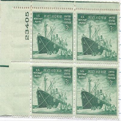 1946 US Merchant Marine Postage Stamp Plate Block 3 Cent MNH Scott #939