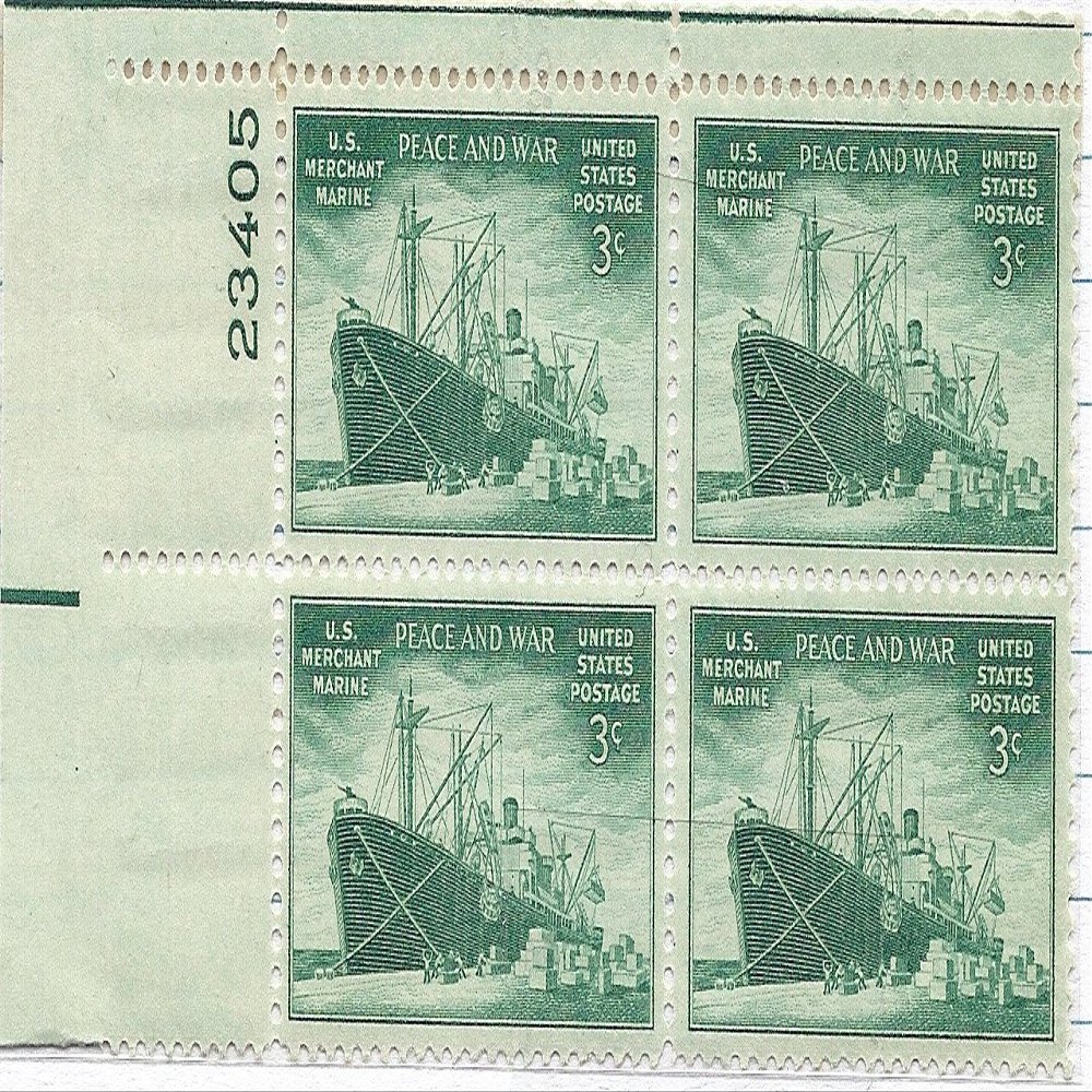 1946 US Merchant Marine Postage Stamp Plate Block 3 Cent MNH Scott #939