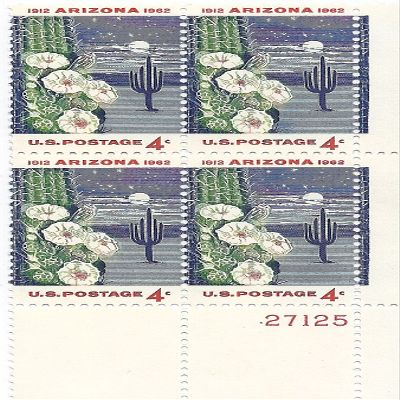 1962 Arizona US Postage Stamp 4 Cent Plate Block MNH Scott #1192