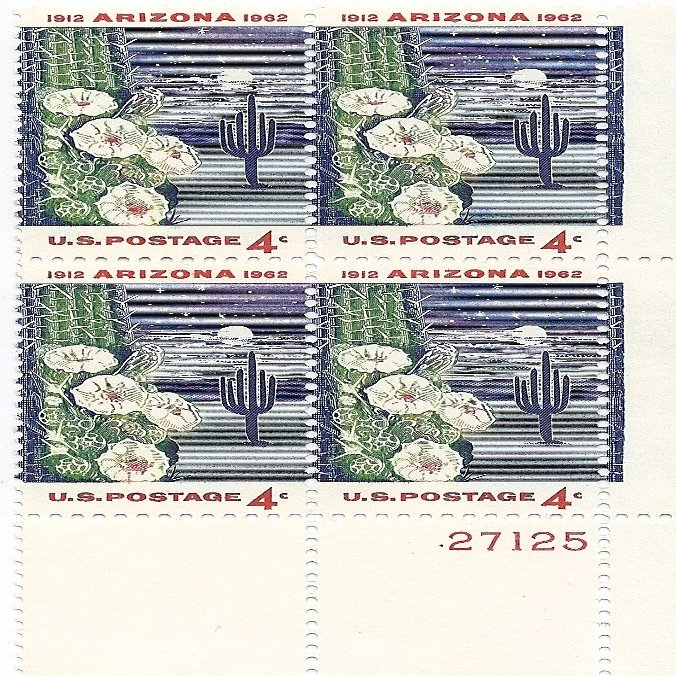 1962 Arizona US Postage Stamp 4 Cent Plate Block MNH Scott #1192