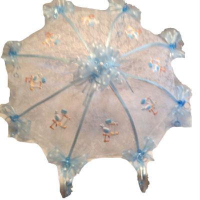Party Favors Plus 36" White Lace Baby Shower Umbrella Blue Storks, Pacifiers & Rattles