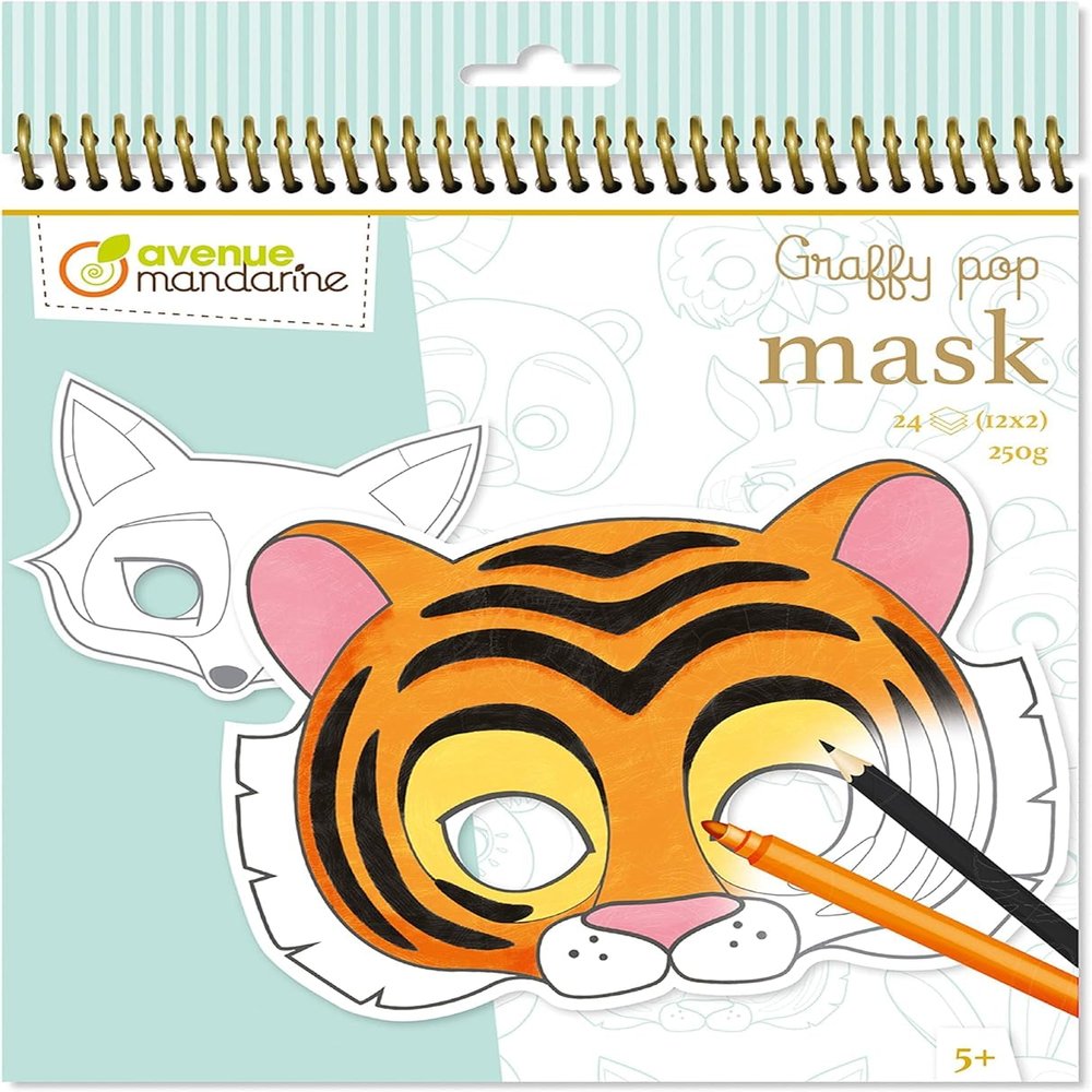 Avenue Mandarine - Ref GY023O - Graffy Pop Colouring Masks - Animals - 24 Masks to Colour, Pre-Cut for Easy Removal, 12 Designs of Mask, Suitable for Ages 5+