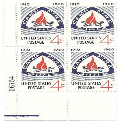 1960 Camp Fire Girls 4 Cent US Postage Stamp Plate Block MNH Scott #1167