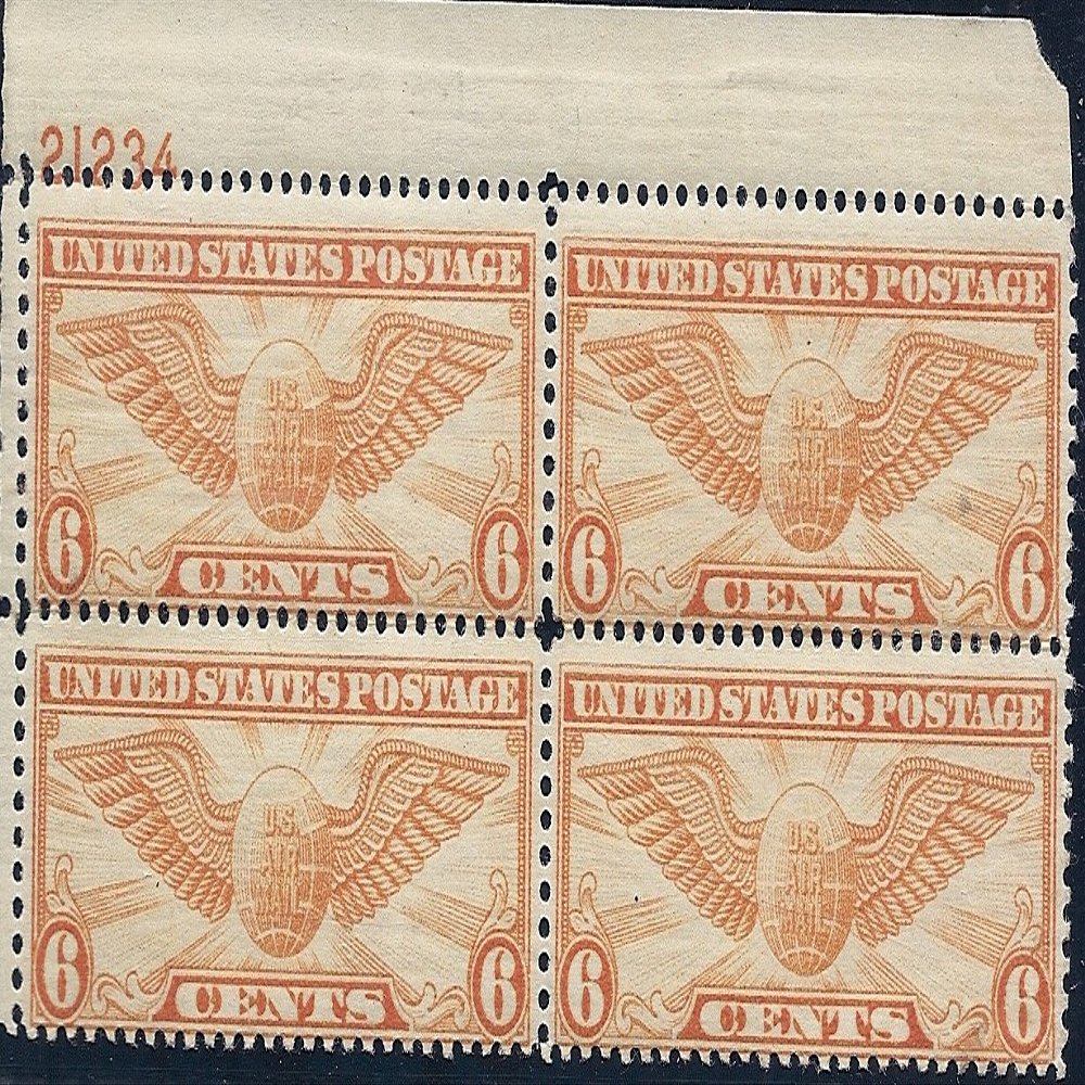 1934 Air Mail Winged Globe 6 Cent Plate Block MNH Scott # C19