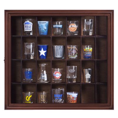 Gallery Solutions - 18x16 Shot Glass Collection - Walnut Collectable Display Case - Hinged Front - 28 Display Slots for Shot Glasses - Bar, Home, Office Accessories