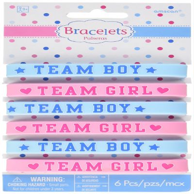 Amscan Team Girl or Boy Baby Shower Party Rubber Bracelets, 6 Ct, One Size, Pink/Blue