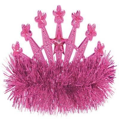 Amscan Stars Gem and Tinsel Fringed Crown Tiara, 5" x 4", Pink