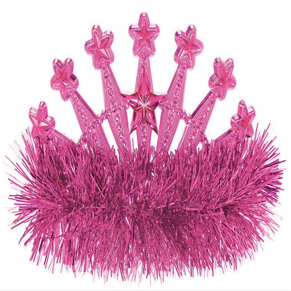 Amscan Stars Gem and Tinsel Fringed Crown Tiara, 5" x 4", Pink