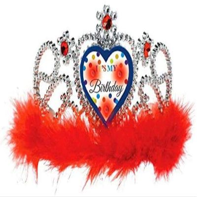 Amscan Bright Birthday Light Up Tiara with Marabou Party Accessories, Red and Silver, 3 1/2" x 5", Multicolor