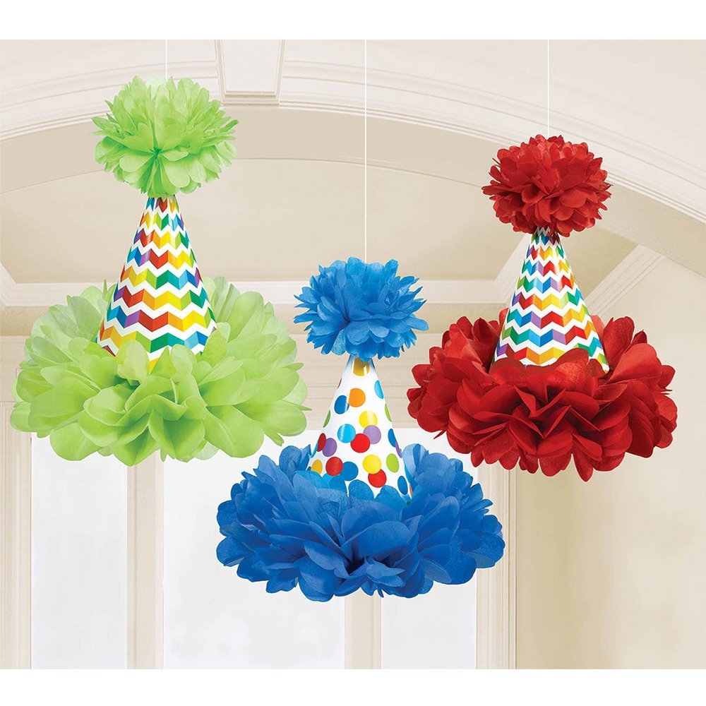 Amscan Festive Bright Birthday Cone Hat Fluffy Decorations, 11 1/2", Multi Color