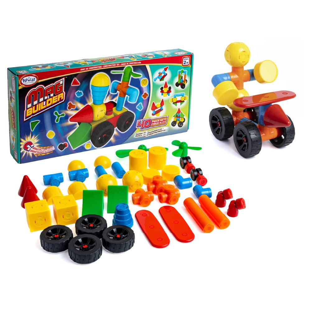 POPULAR PLAYTHINGS Mag Builder Building Set, Magnetic Vehicle Toy for Kids Imagination and Creative Play, Crazy Shapes Gift for Children - 40 Pieces