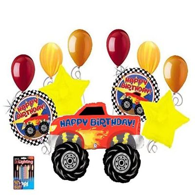 11 pc Monster Truck Happy Birthday Balloon Bouquet Party Decoration Red Flames