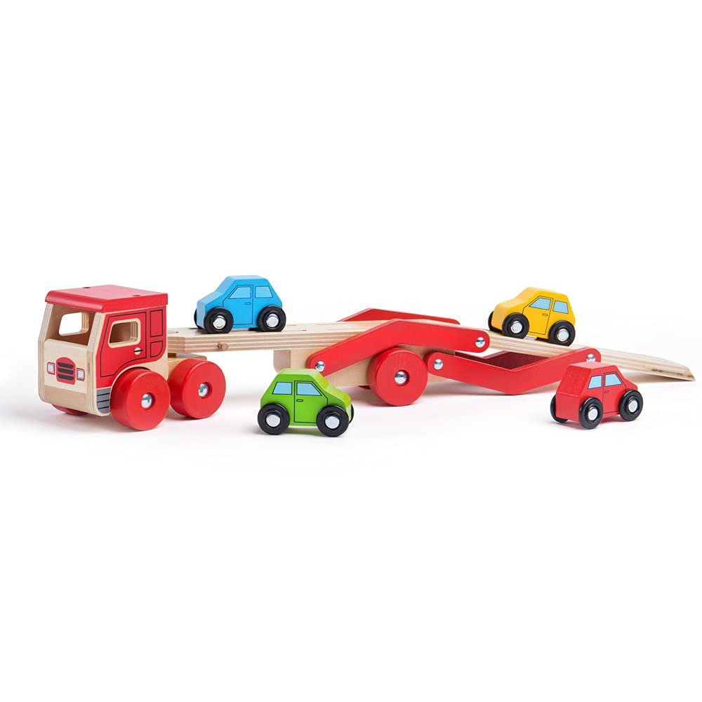 Bigjigs Toys, Wooden Car Transporter, Toy Car Ramp, Wooden Toys, for 1 Year Old Boys, Push Along Baby Vehicle Toy