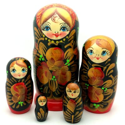 BuyRussianGifts Russian Hand Painted Nesting Doll Set of 5 Traditional Gold Red Medium Size Matryoshka / 5" Tall