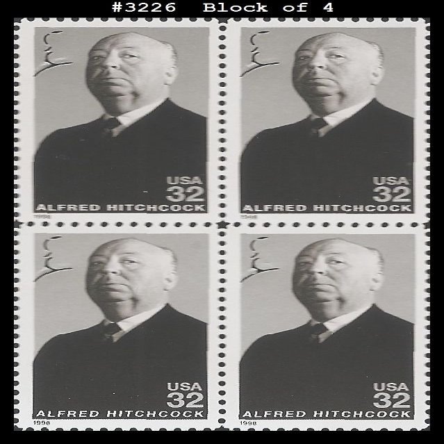 1998 Alfred Hitchcock Block of Four 32 Cent Stamps Scott 3226
