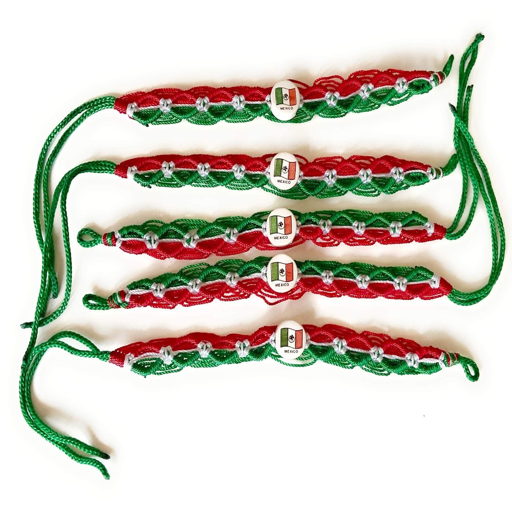 Five Mexico Flag Friendship Bracelets Mexican Color Tricolor Set Pack Red, Green, White