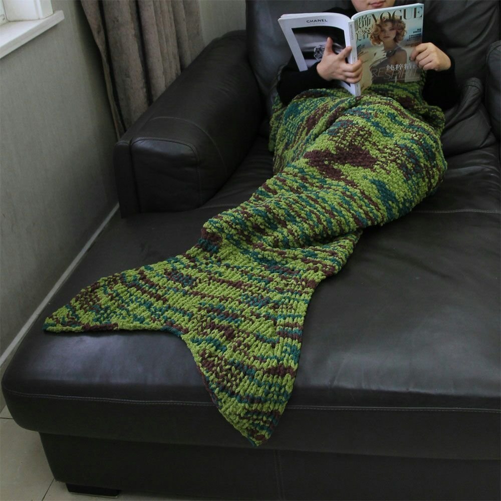 Hughapy Latest Handmade Mermaid Tail Blanket Knitted Sleeping Bag Sofa Bed Snuggle Cozy for Adults Teens,71"x35"(Camouflage Green)