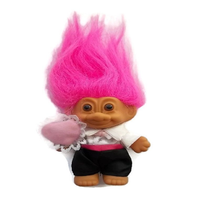 4.5" Good Luck Troll Groom Holding Pink Heart Pink Hair White & Black Dress Toy