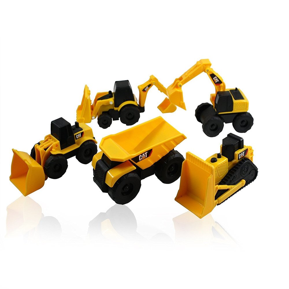 CAT Mini Machine Caterpillar Construction Truck Toy Cars Set of 5, Dump Truck, Bulldozer, Wheel Loader, Excavator and Backhoe Free-Wheeling Vehicles w/Moving Parts -Great Cake Toppers
