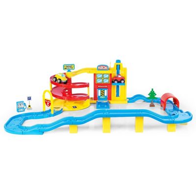 DOLU Large Parking Lot Garage Playset, 70-Piece Car & Truck Toy Set with Spiral Ramp, Elevator, and Tracks for Kids and Toddlers 18 Months+