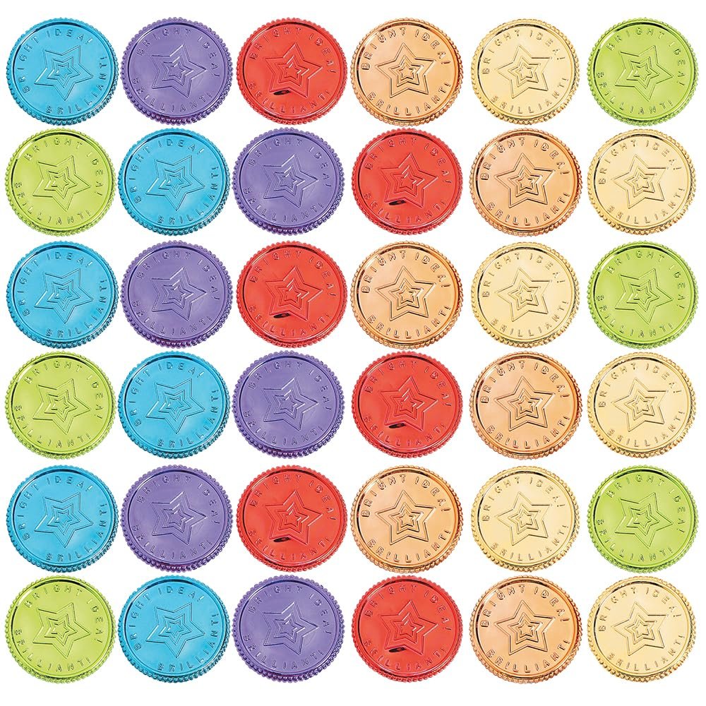 Fun Express Plastic Coins Reward Jar Tokens for Kids Classroom Behavior Management - Play Money for Teaching Student Rewards System | 144 Pieces in 6 Bright Colors for Positive Reinforcement