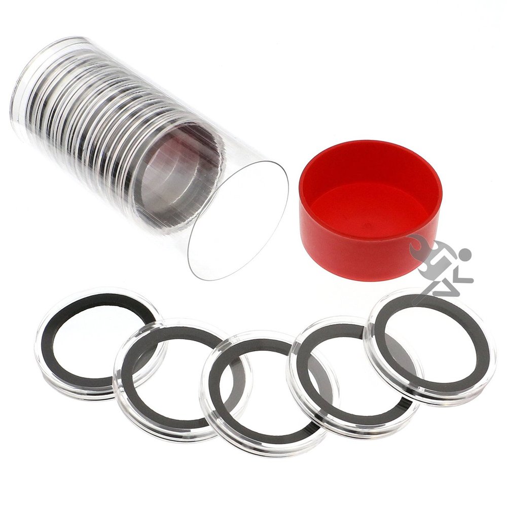 Red Lid Capsule Tube & 15 X39mm Black Ring Coin Holders