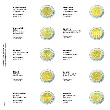 Lindner 1118-18 Vordruckblatt fr 2 Euro-Gedenkmnzen: Griechenland Januar 2016 bis Finnland April 2016
