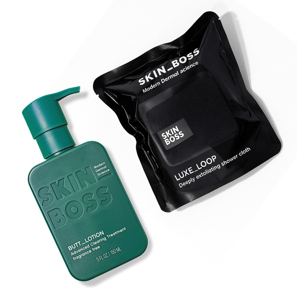 SKINBOSS Butt Acne Clearing Treatment & Luxe Loop Exfoliating Body Scrubber Targets Pimples, Folliculitis, Scars & Dark Spots Body Cream & Exfoliating Washcloth 5 oz Cream & Exfoliator (Black)