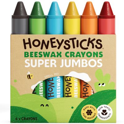 Honeysticks Super Jumbo Crayons (6 Pack) - 100% Pure Beeswax, Non Toxic Crayons for Toddlers 1-3, Extra Large Crayon Size, Easy to Hold and Use, Unbreakable Toddler Crayon, Eco-Friendly