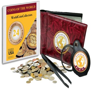 Zaioo World Coin Collectors Starter Kit 24 Coins from All Over The World + Coin Album + Magnifying Lens + Coin Tweezers Coins of The World Bundle