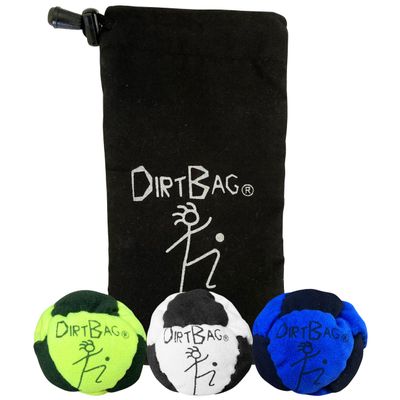 DIRTBAG Classic Footbag 3 Pack with Pouch, Unique, Footbag Set with Signature Carry Bag - Black Pouch.