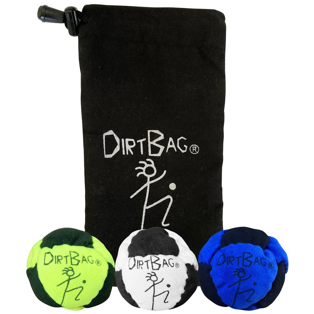 DIRTBAG Classic Footbag 3 Pack with Pouch, Unique, Footbag Set with Signature Carry Bag - Black Pouch.