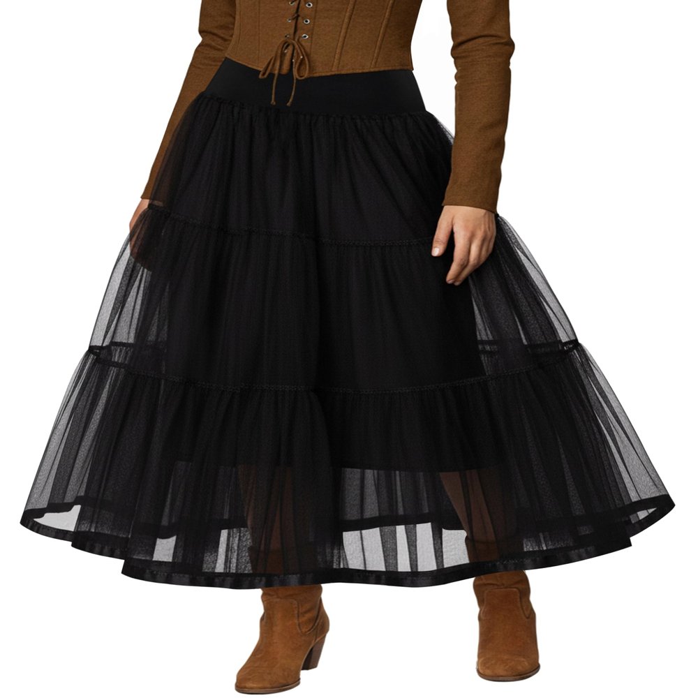 GRACE KARIN Women's A Line Floor Length Underskirt Petticoats Slips (M,Black)