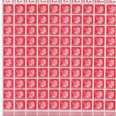 German WWII Hitler Head Stamp Sheet of 100 stamps with a 12 RPF value. Full gum. Original.