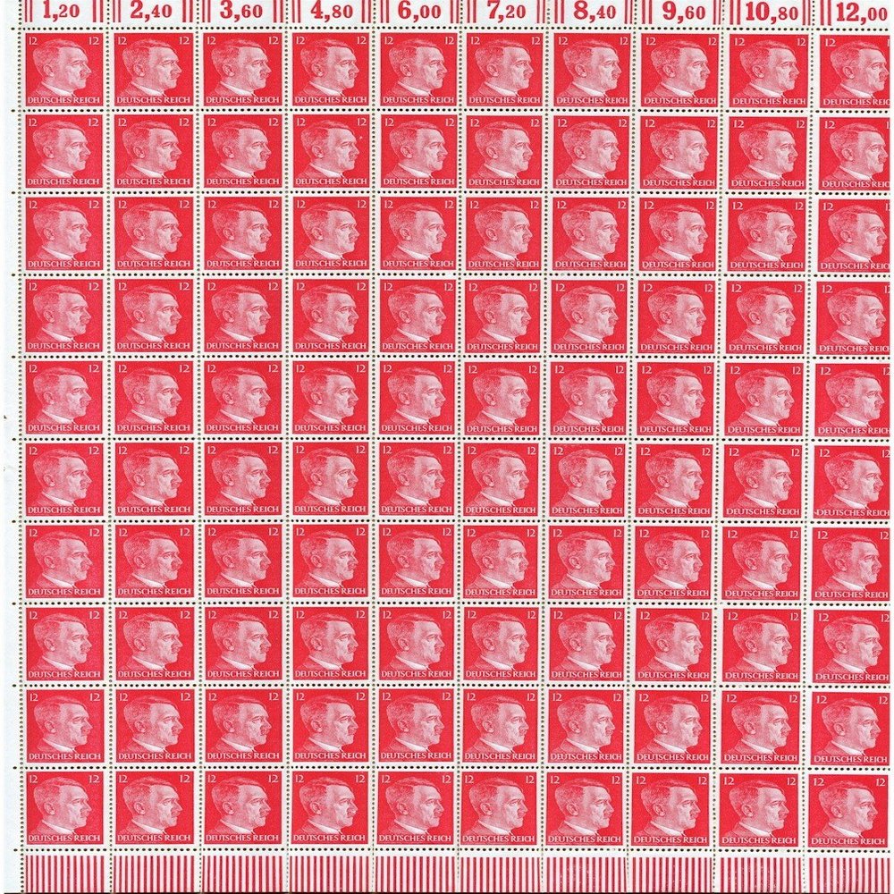 German WWII Hitler Head Stamp Sheet of 100 stamps with a 12 RPF value. Full gum. Original.