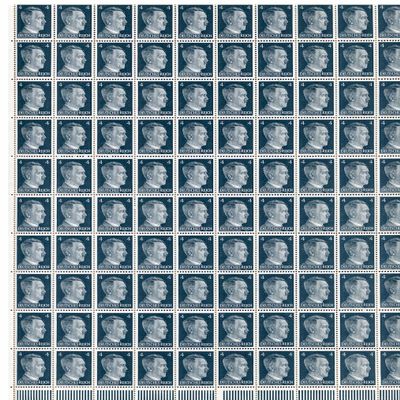 German WWII Hitler Head Stamp Sheet of 100 stamps with a 4 RPF value. Full gum. Original.
