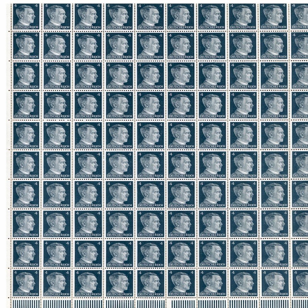 German WWII Hitler Head Stamp Sheet of 100 stamps with a 4 RPF value. Full gum. Original.