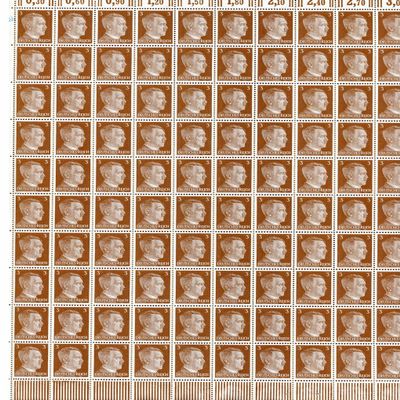 German WWII Hitler Head Stamp Sheet of 100 stamps with a 3 RPF value. Full gum. Original.