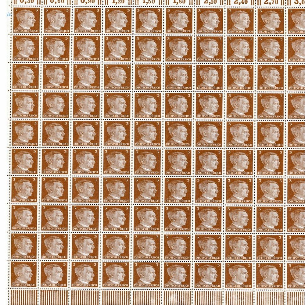 German WWII Hitler Head Stamp Sheet of 100 stamps with a 3 RPF value. Full gum. Original.