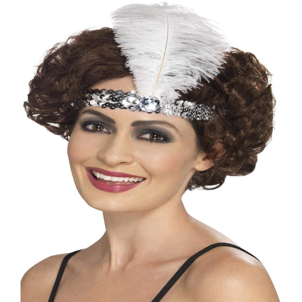 Smiffys Flapper Headband, Silver with Feather, 1920's Razzle Fancy Dress, Adult Dress Up Accessories