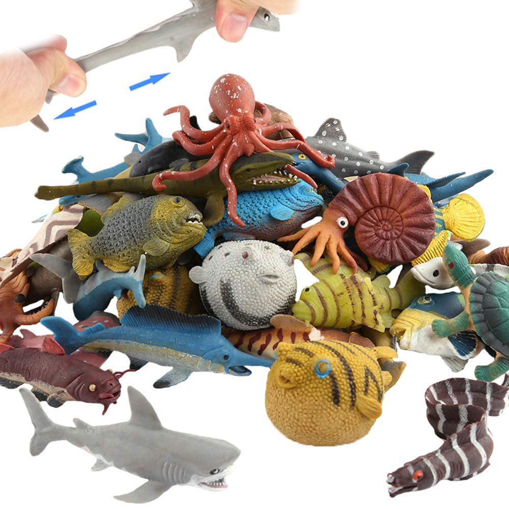 18 Pack Assorted Ocean Animal, Stretchy and Floating Rubber sea Animals Toy Set, Mini Realistic Under The Sea Life Figure for Toddler Bath Bathtub, Shark Octopus Fish Toys Bulk for Kid Party